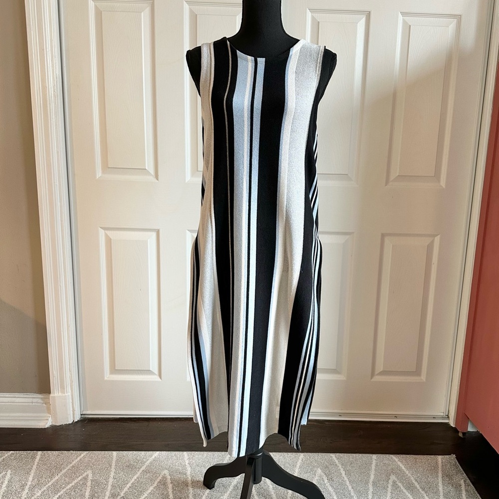 Bar III Blue and Silver Stripe Knit Side Slit Tunic Sweater
